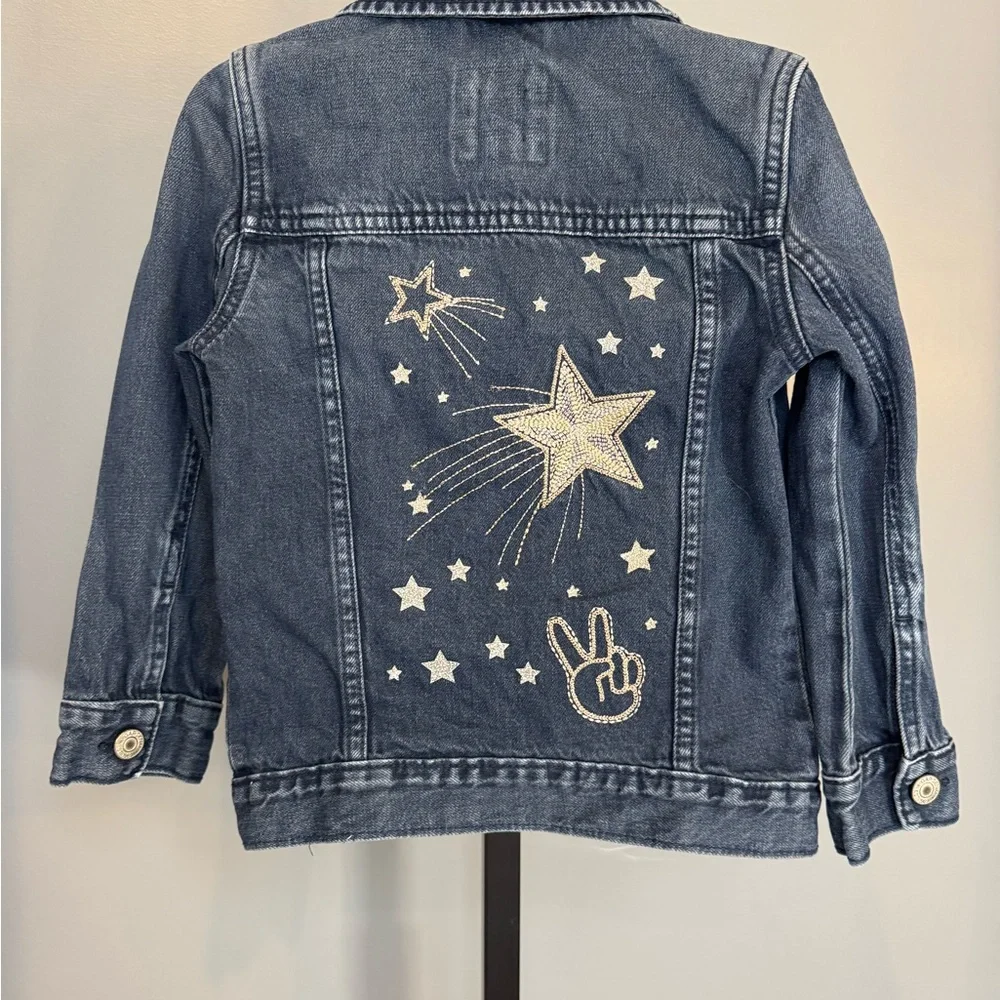 GAP Kids Star‎ Denim Jacket XS 4-5 Shooting Star Peace Sign Dark Indigo